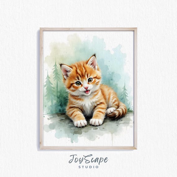 Siberian Kitten Art Print Cute Rustic Cat Portrait Charming Watercolor Animal Wall Decor Feline For Home