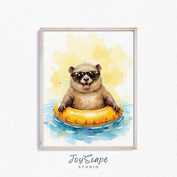 Cool Little Muskrat In Sunglasses Orange Floatie Watercolor Fun Poster