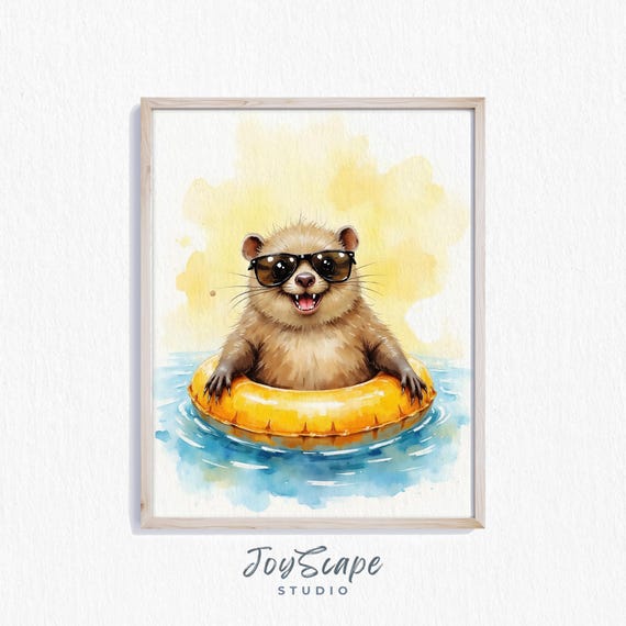 Funny Mole In Sunglasses Watercolor Print Wall Art Cute Summer Animal Decor Kids Room Instant 662