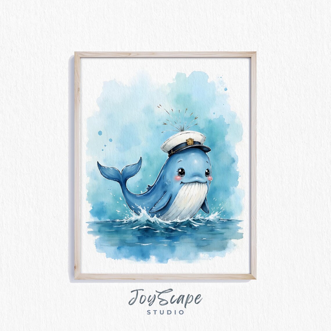 Cute Baby Whale in Sailor Hat Watercolor Nursery Ocean Poster