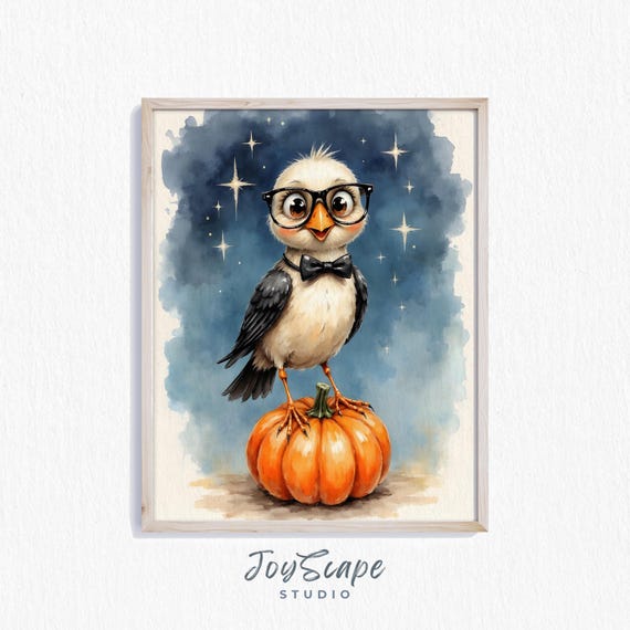 Bird Halloween Art Cute With Glasses On Pumpkin Spooky Night Sky Festive Fall Wall Decor Print 750