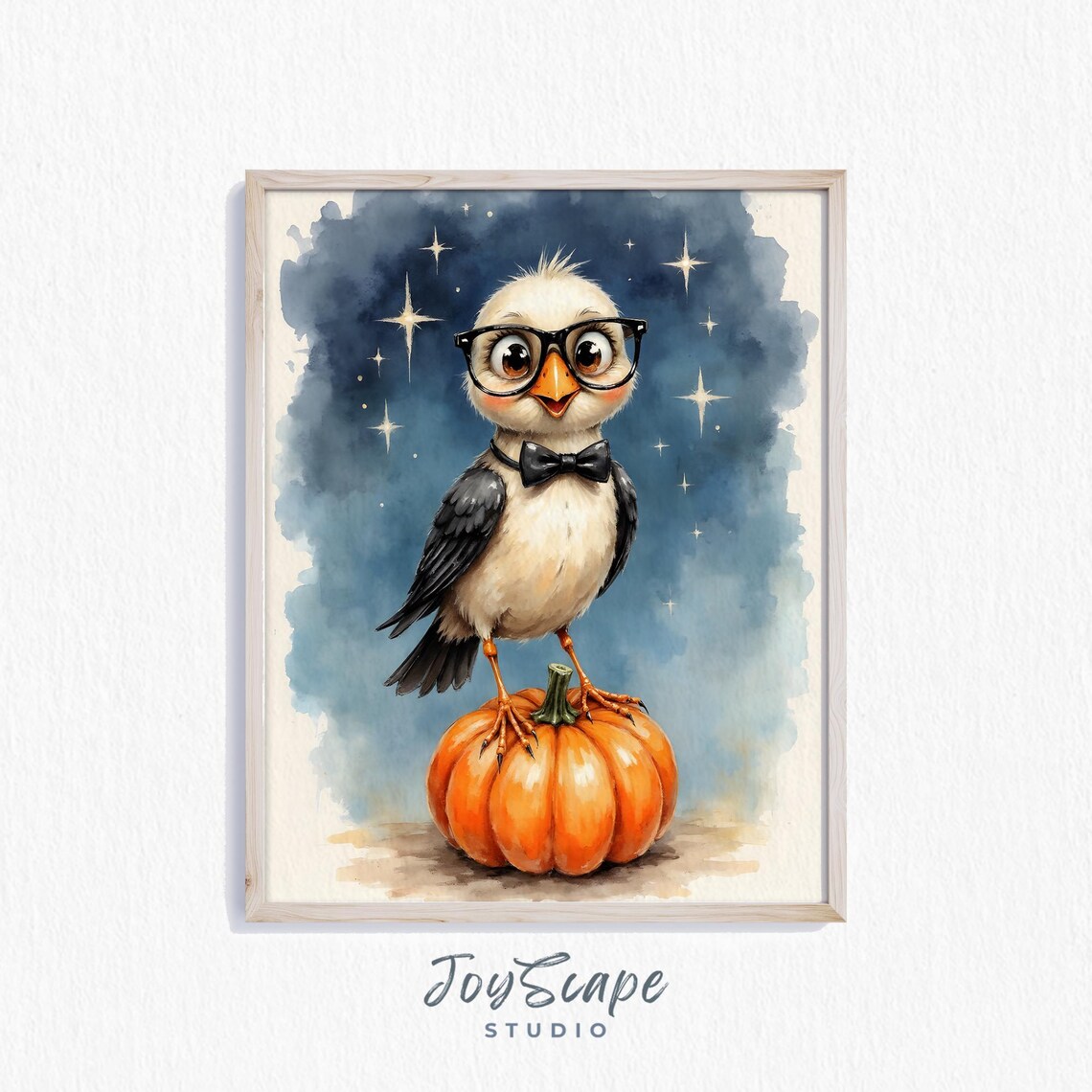 Cute Bird with Glasses on Pumpkin Halloween Watercolor Art Poster