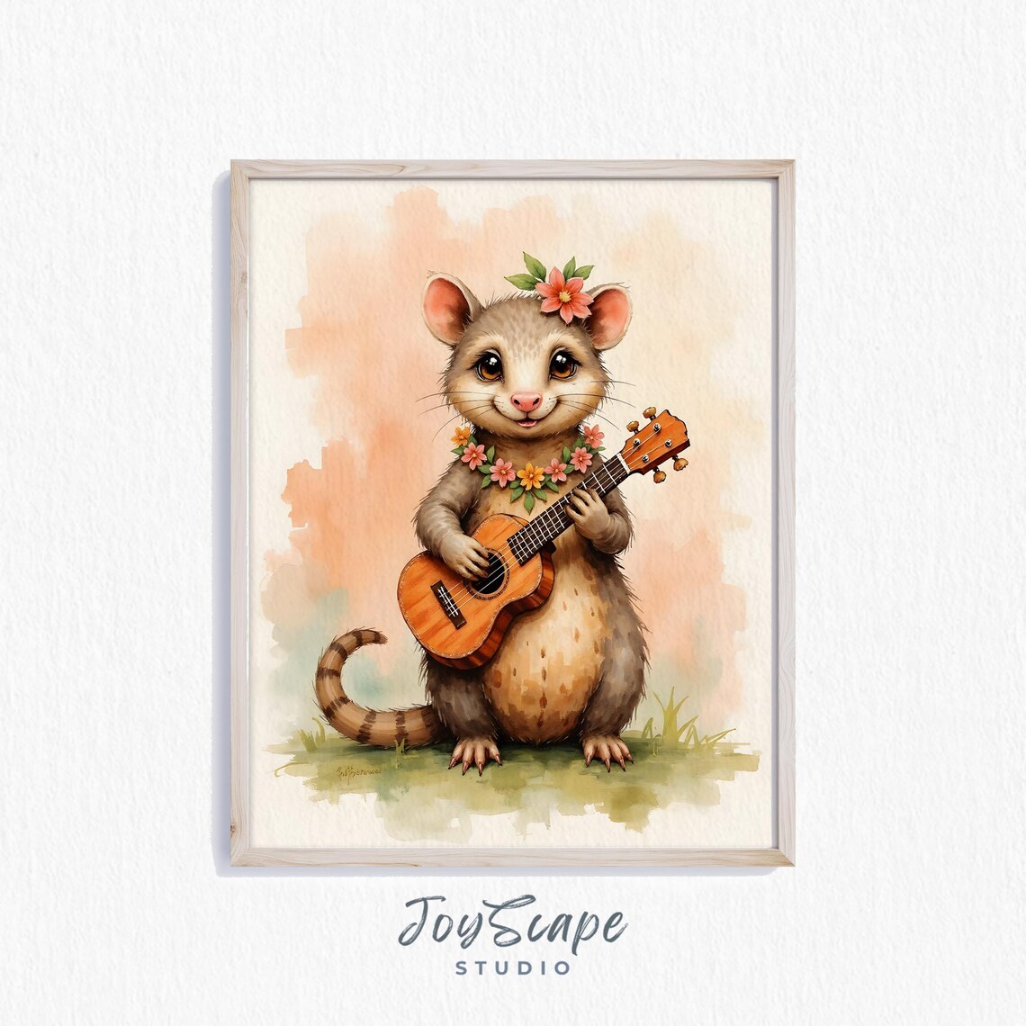 Possum Playing Guitar Flower Lei Watercolor Cute Funny Musician Wall Poster