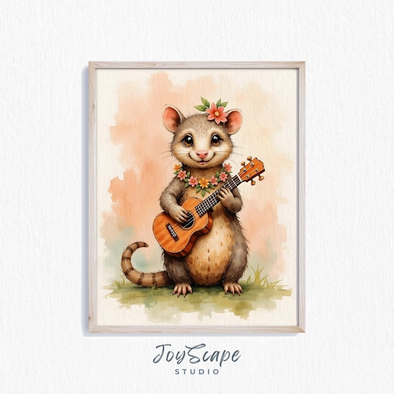 Funny Possum Playing Guitar Watercolor Print Cute Animal Wall Art Nursery Decor Kids Room Illustration Instant 563