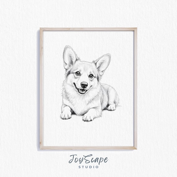 Pembroke Welsh Corgi Art Cute Puppy Drawing Dog Lover Gift Black And White Print Charcoal Style Pet Decor For Home