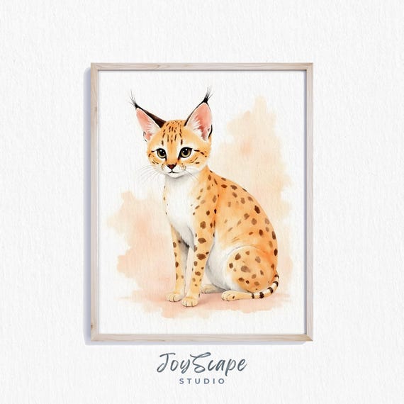 Serval Cat Wall Art Rustic Animal Watercolor Painting Nursery Decor Wildlife Print Earthy Home 302