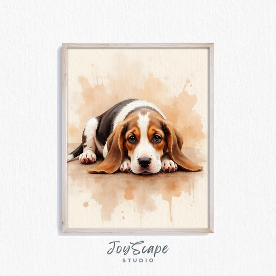 Basset Hound Puppy Art Adorable Dog Wall Decor Watercolor Pet Portrait Rustic Animal Print Nursery Country Style