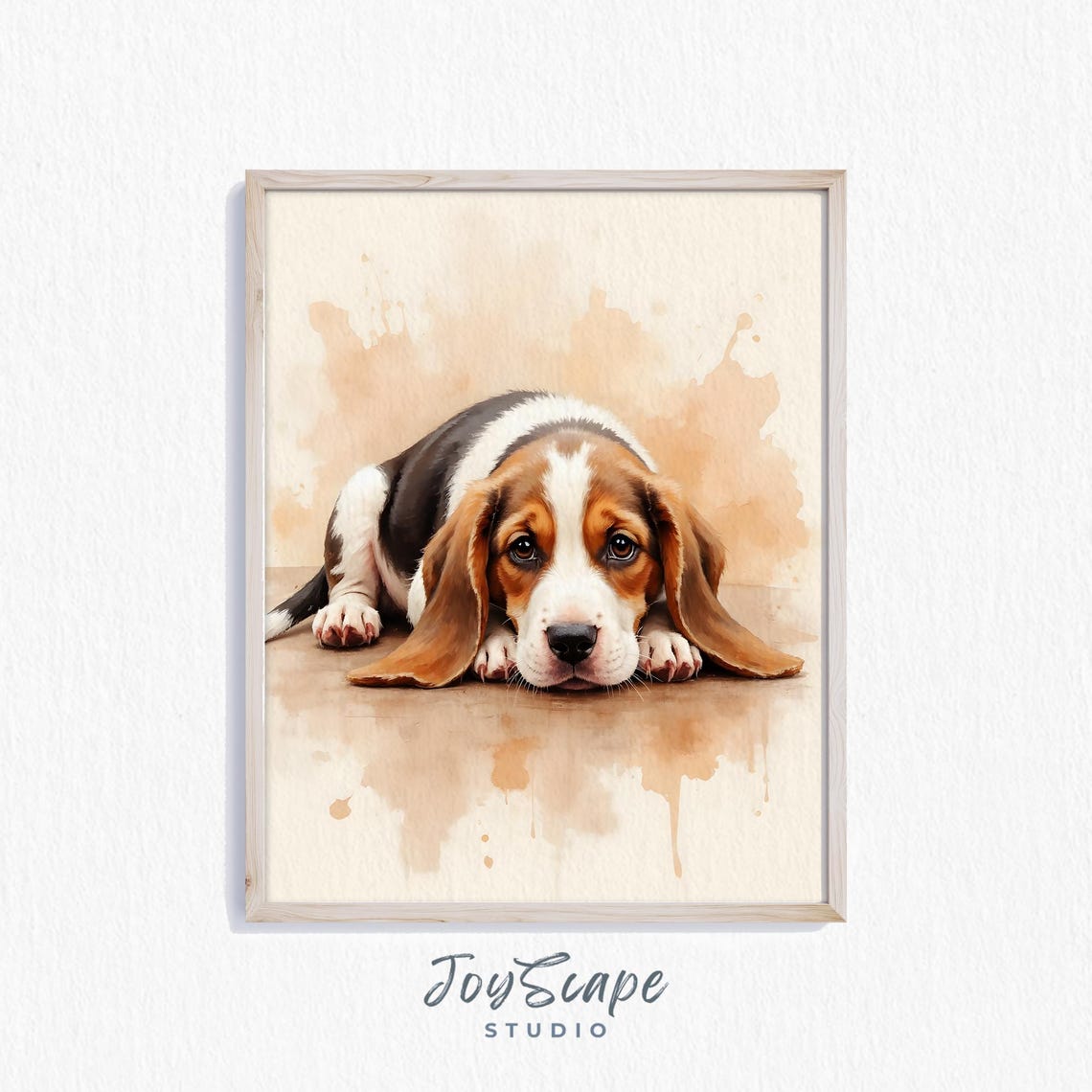 Basset Hound Puppy Watercolor Portrait with Warm Beige Splashes Poster