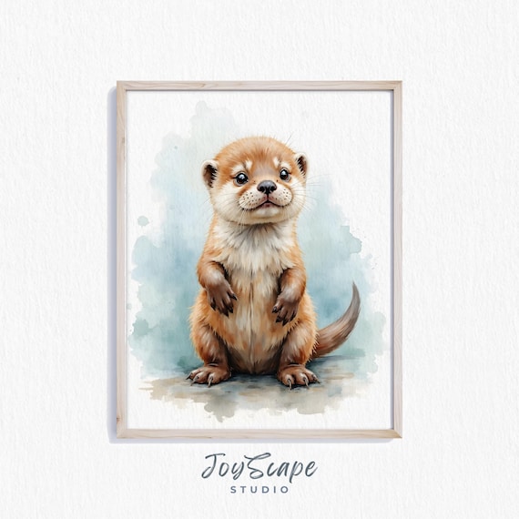 Adorable Baby Otter Pup Watercolor Nursery Animal Art Poster