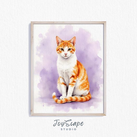 Farm Cat Nursery Art Watercolor Illustration Purple Background Rustic Animal Decor Childs Room Wall Print 361