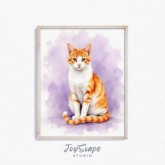Orange Tabby Cat Watercolor Portrait Purple Wash Nursery Poster