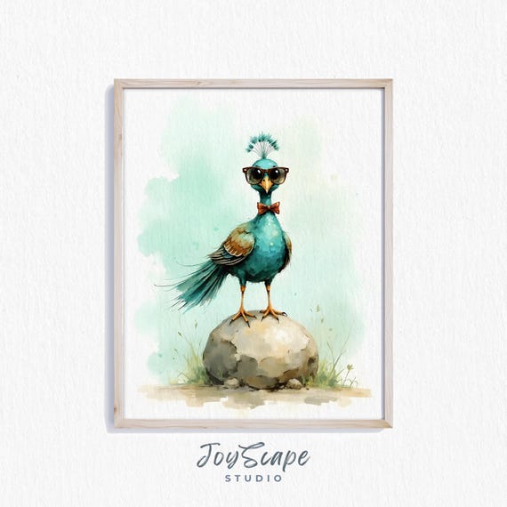 Funny Peacock Watercolor Print Quirky Wall Art Colorful Bird Decor Instant Kids Room Animal Nursery 565