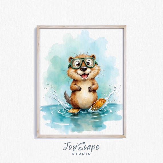 Funny Muskrat In Watercolor Cute Animal Kids Room Wall Art Nursery Decor Whimsical Illustration