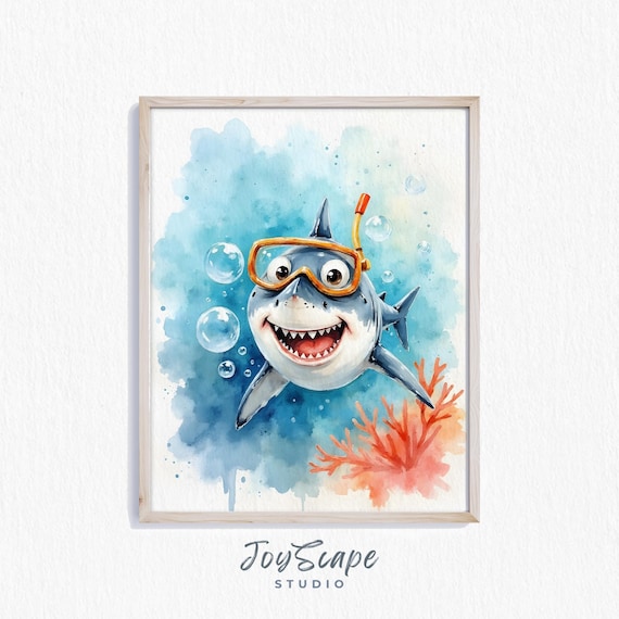 Funny Great White Shark Wearing Snorkel Watercolor Ocean Poster