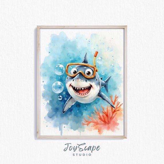 Funny Great White Watercolor Print Wall Art Kids Room Decor Nursery Ocean Theme Instant Gift 637