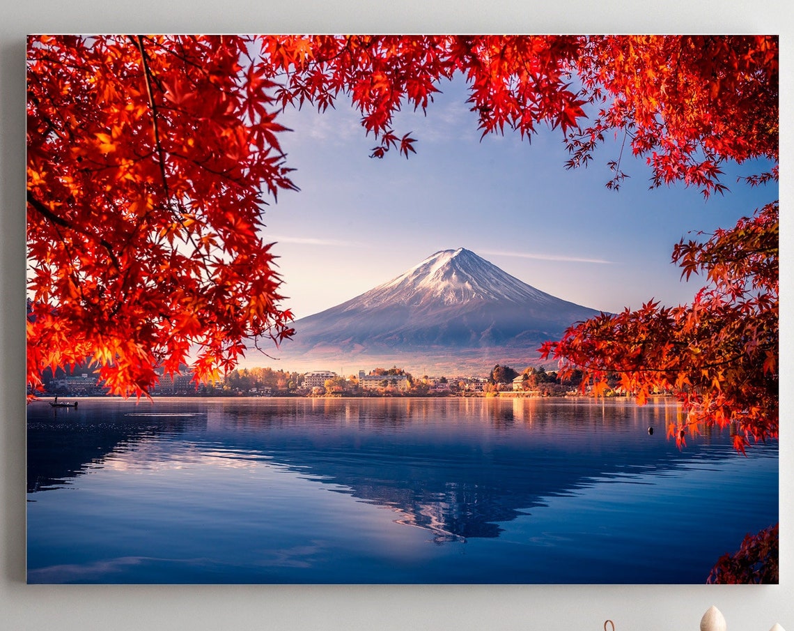 Mount Fuji Autumn Red Maple Leaves Lake Reflection Japan Poster