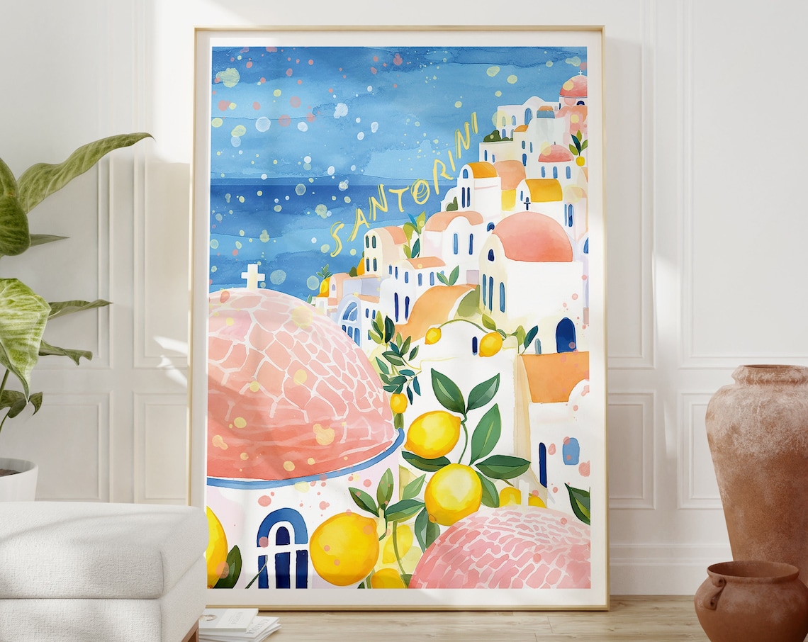 Santorini Greece Watercolor Travel Poster, Greek Print