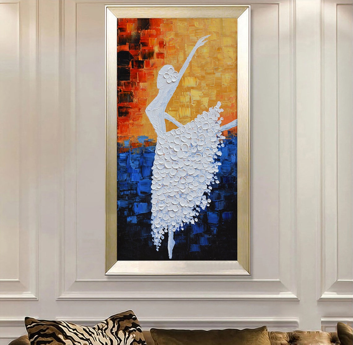 Abstract White Ballerina Dancer On Fiery Blue Gold Oil Poster - Image 3
