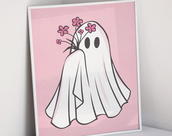 Cute Ghost Holding Pink Flowers on Blush Pink Background Halloween Print
