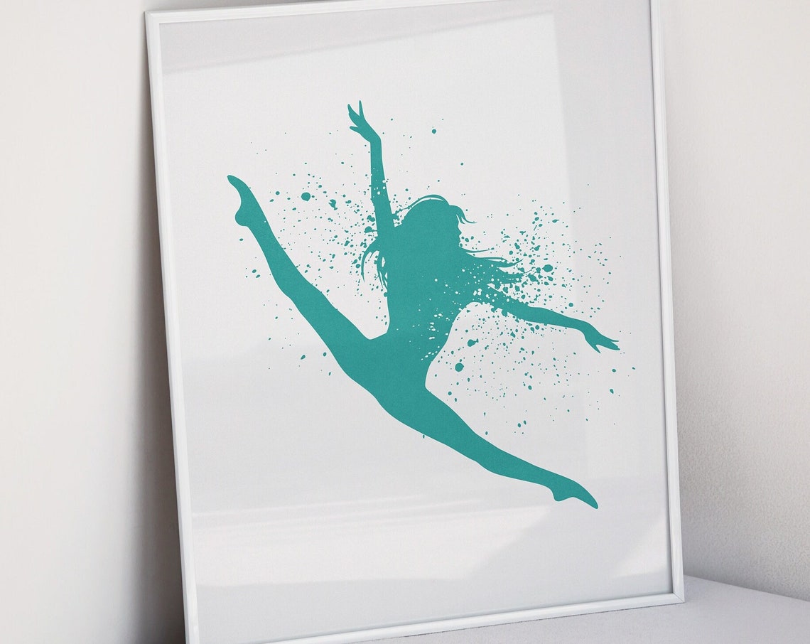 Teal Watercolor Dancer Mid-Leap Silhouette Inspirational Poster