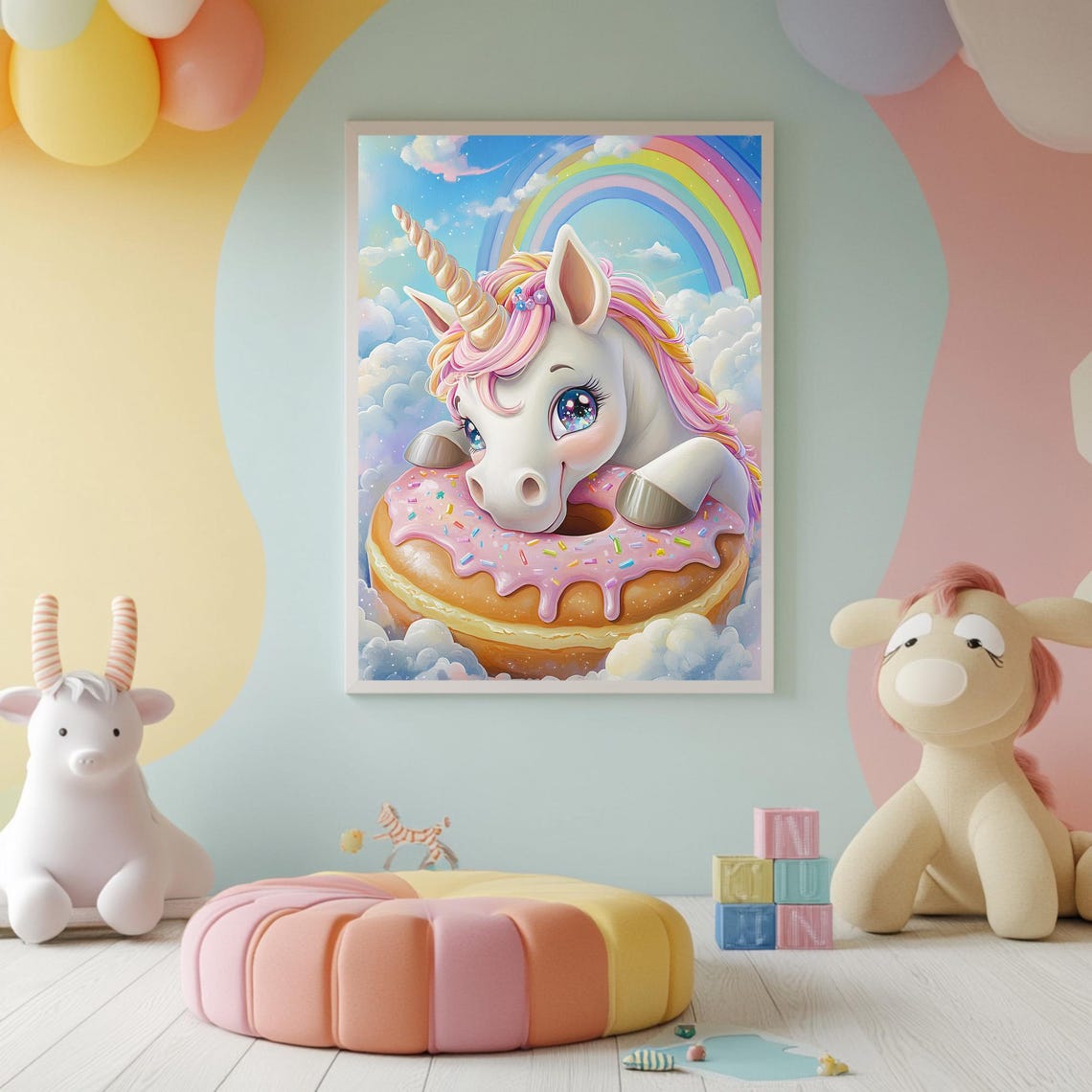Cute Unicorn Biting Pink Sprinkle Donut Rainbow Clouds Fantasy Poster - Image 2