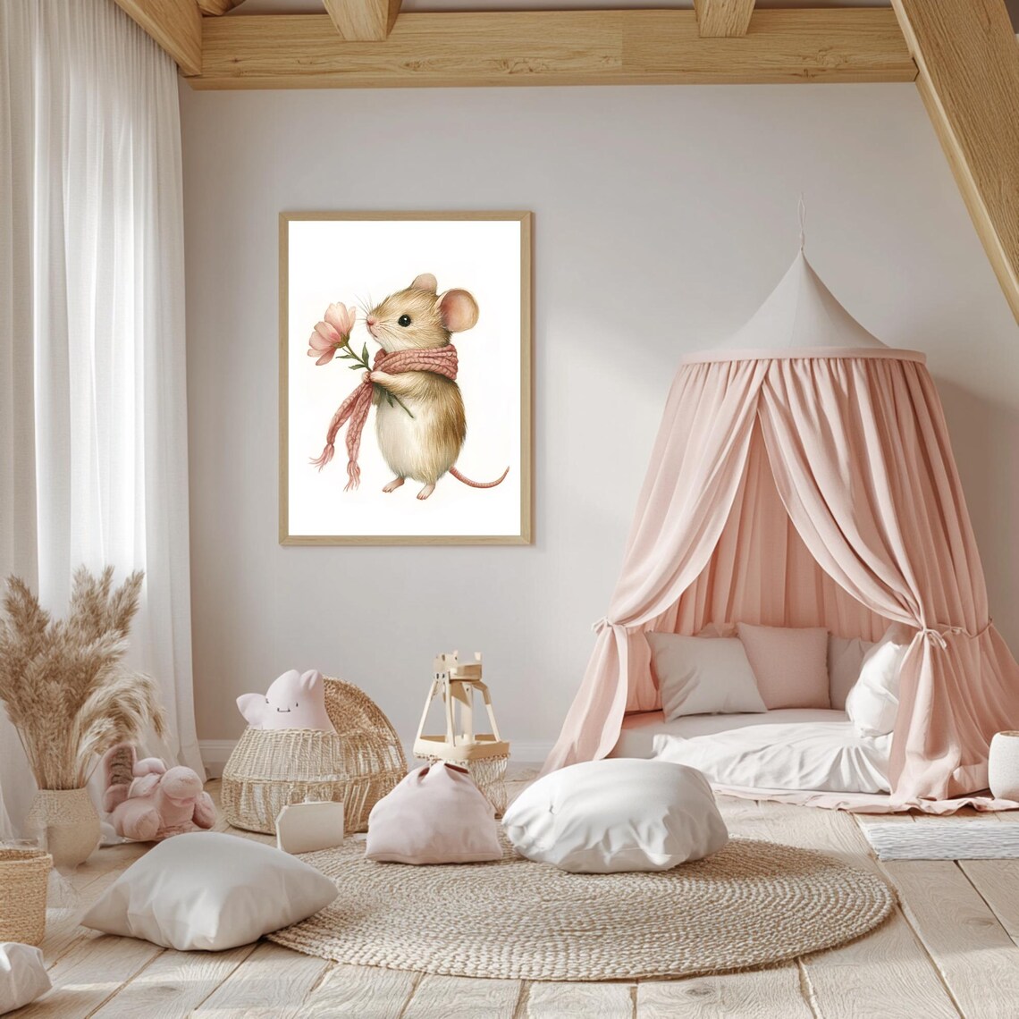 Little Mouse in Pink Knit Scarf Holding a Flower Nursery Poster - Image 5
