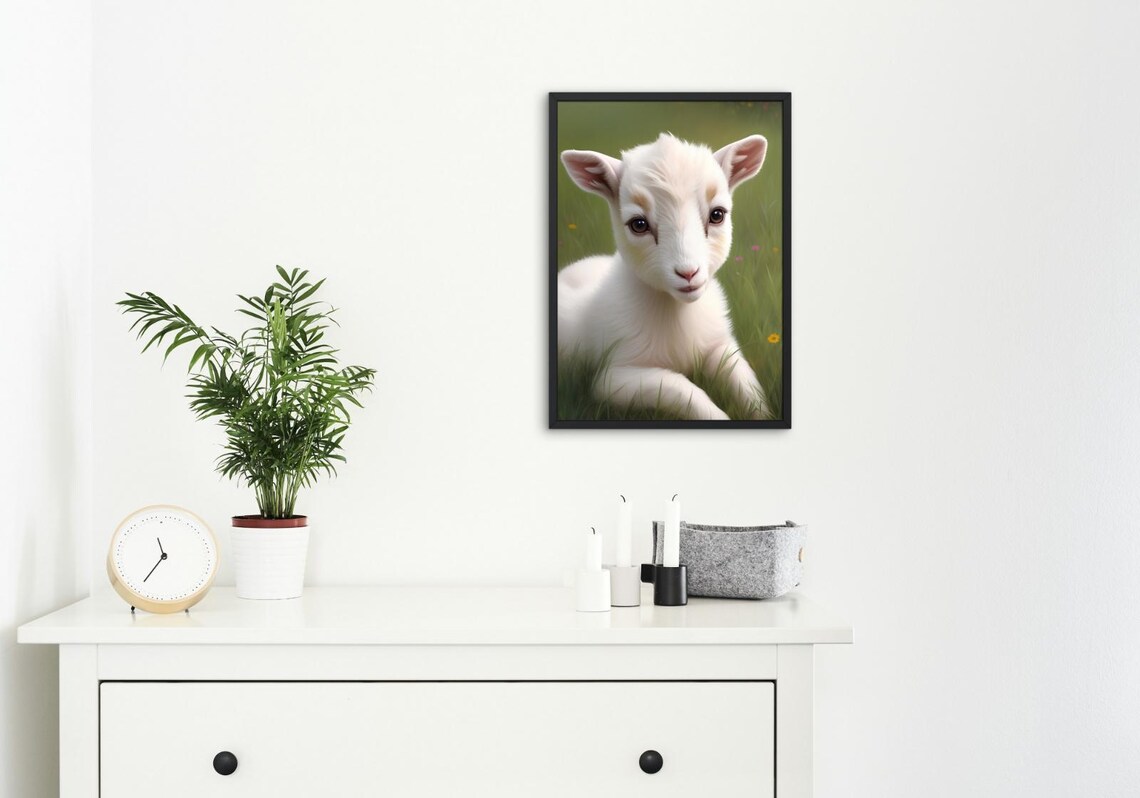 Adorable White Baby Goat Kid Flower Meadow Soft Portrait Wall Poster - Image 4
