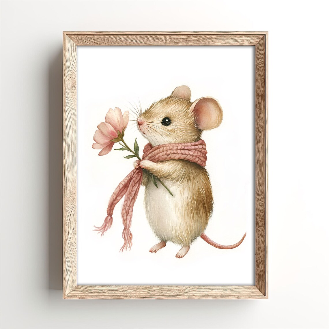 Little Mouse in Pink Knit Scarf Holding a Flower Nursery Poster