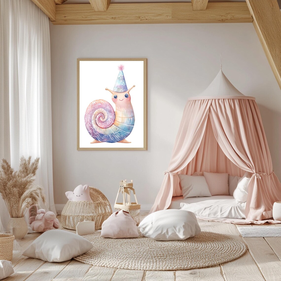 Smiling Snail Wearing Party Hat With Pastel Shell Nursery Poster - Image 5