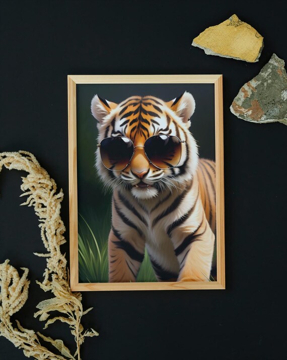 Baby Tiger Cub Wearing Aviator Sunglasses Cool Jungle Cat Wall Art Poster