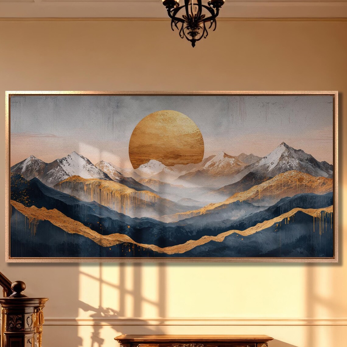 Golden Sun Over Snowy Mountain Peaks Abstract Painting Poster