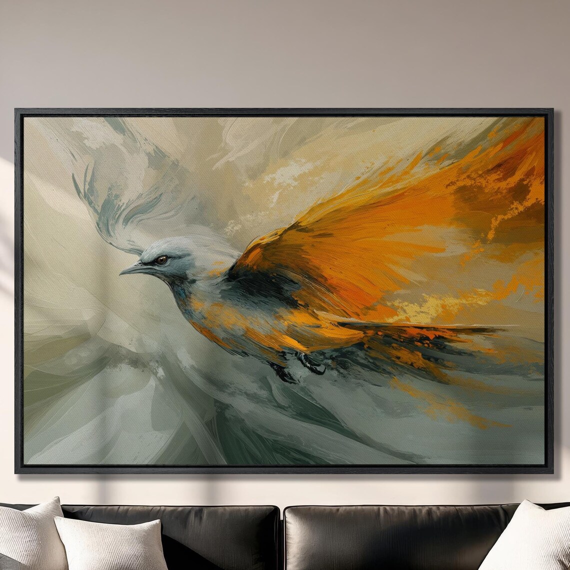 Bird In Flight With Orange And Gray Feathers Abstract Painting Poster