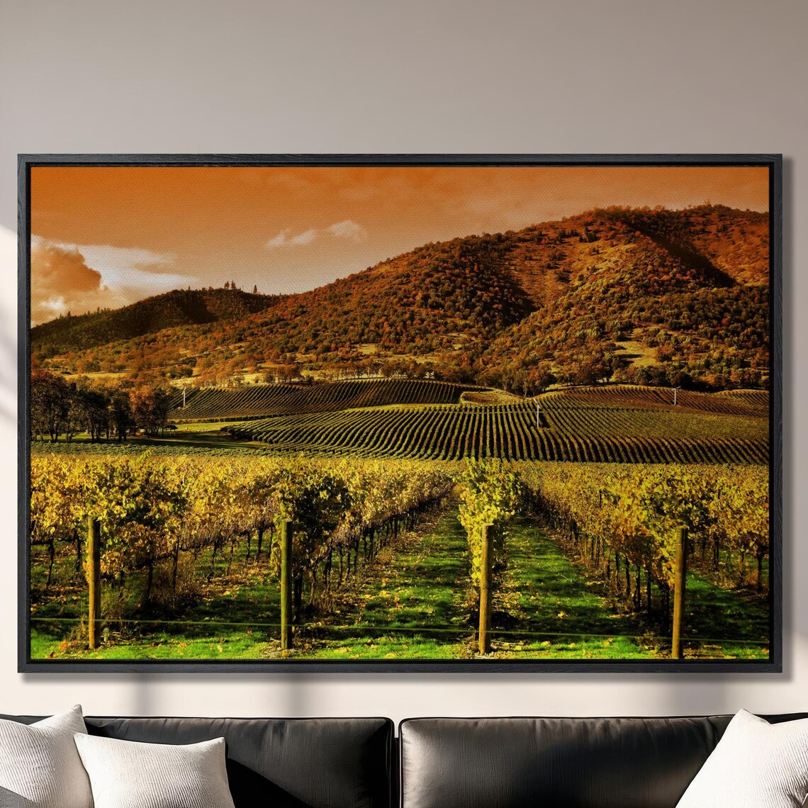 Vineyard Rows Under Golden Sunset With Rolling Hills Tuscany Poster