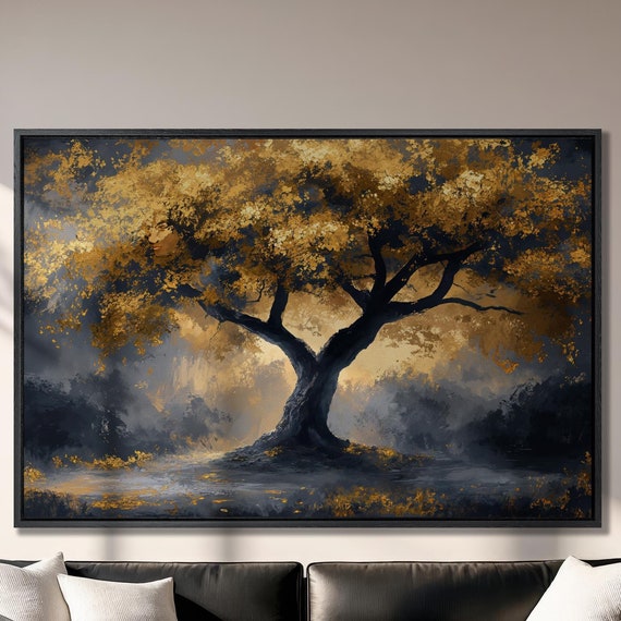 Mystical Tree With Golden Leaves Landscape Art Print