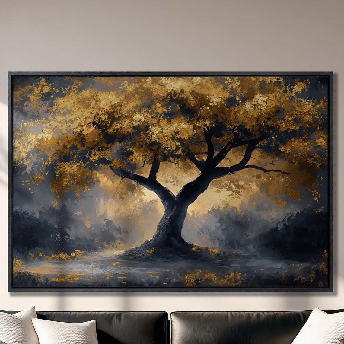 Mystical Tree With Golden Leaves Landscape Art Print