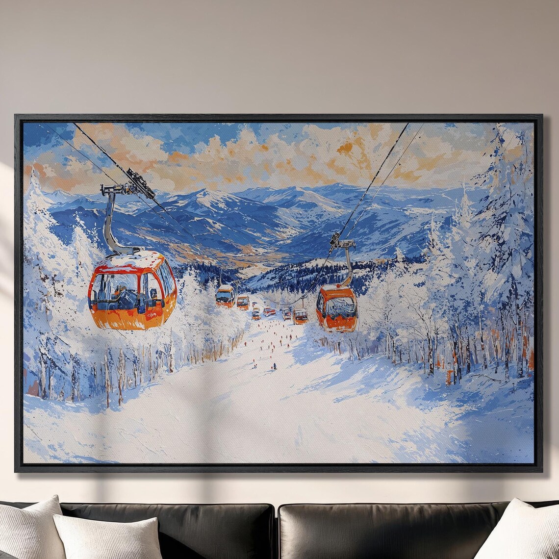 Orange Ski Gondolas Over Snowy Mountain Resort Travel Poster