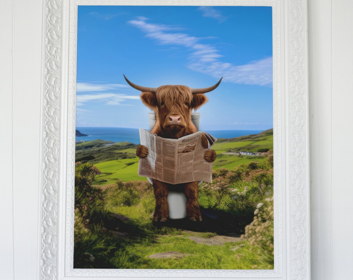 Highland Cow on a Toilet, Funny Bathroom Art Print