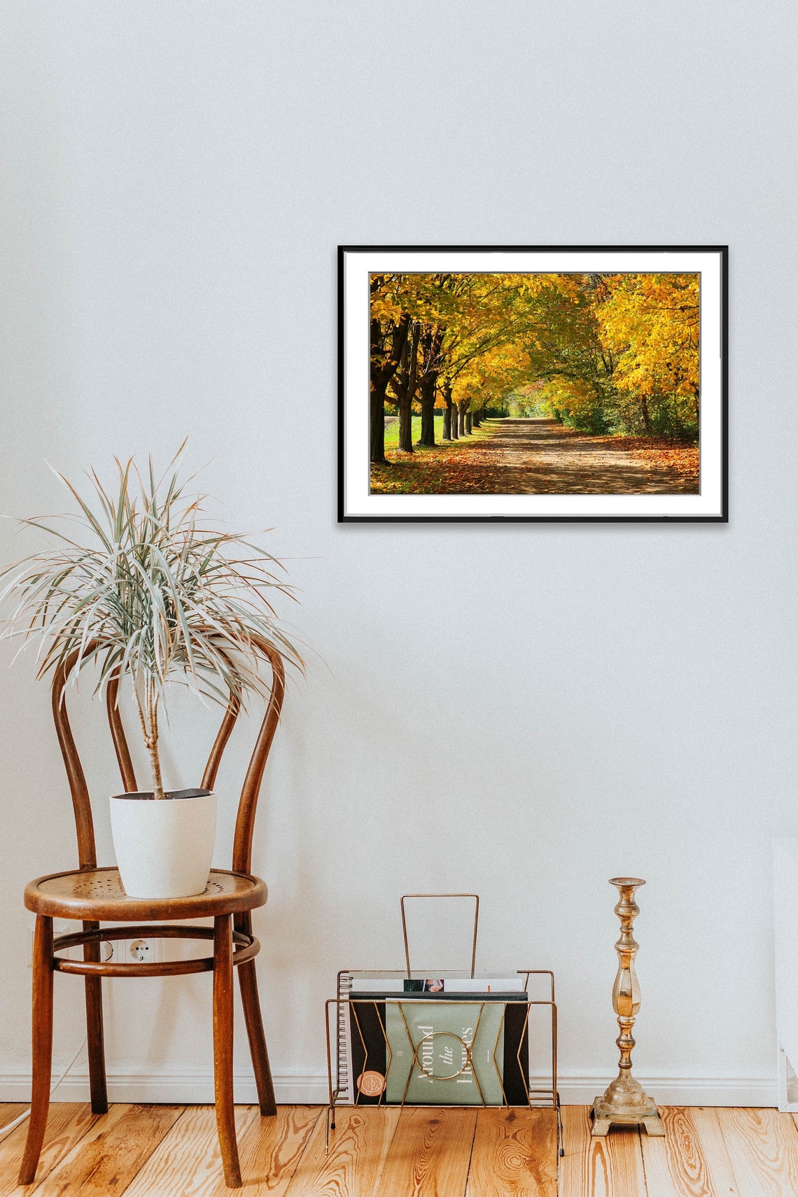 Golden Maple Tree Lined Autumn Lane with Fallen Leaves Photo Poster - Image 3