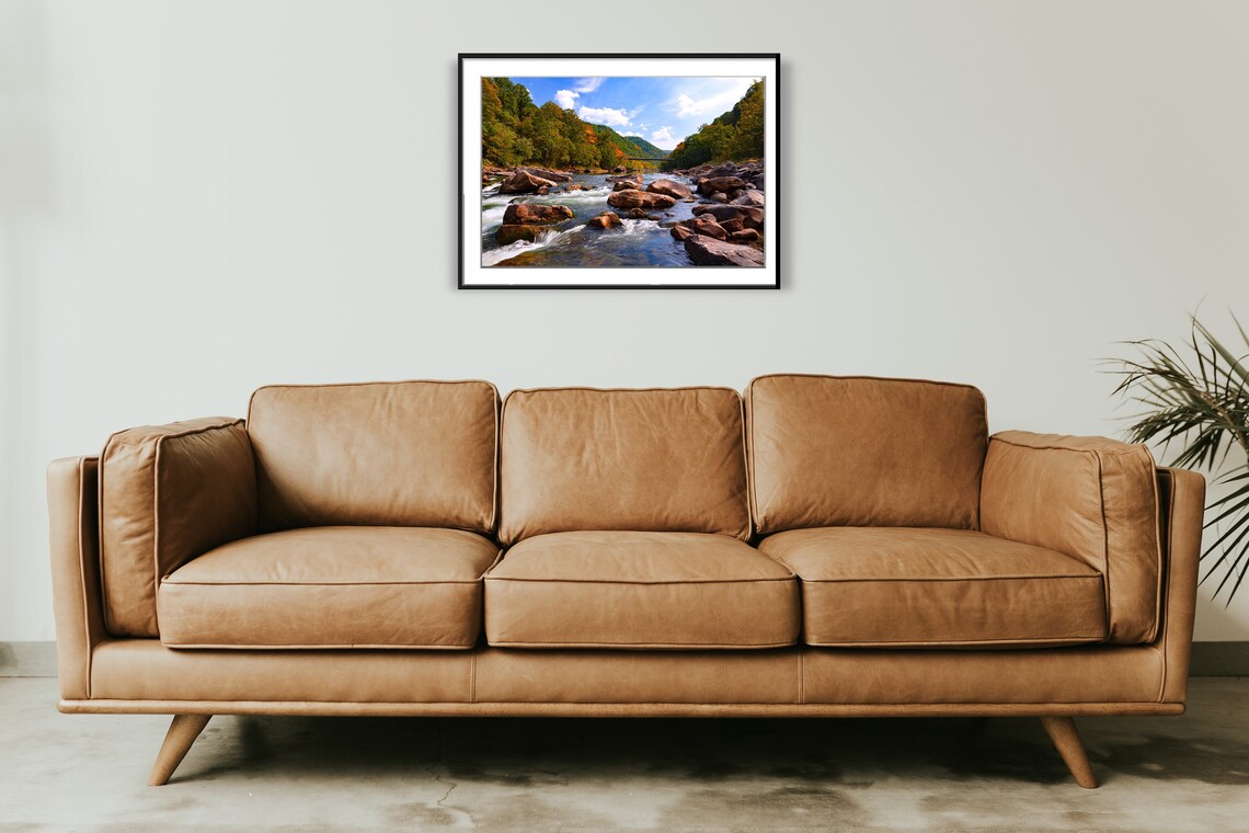 River Rapids And Bridge, Autumn Fall Landscape Art Print - Image 2