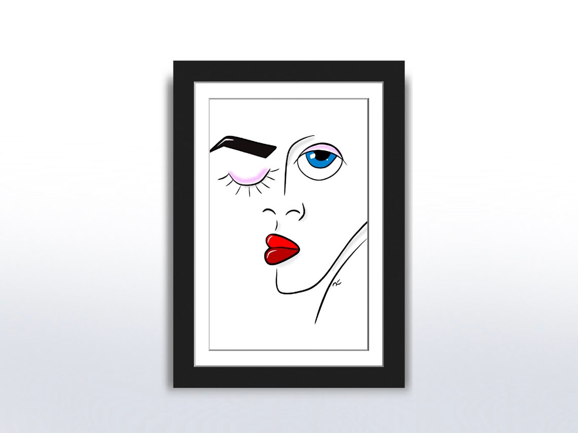 Cubist Style Womans Face Black Red Lines Minimalist Art Poster