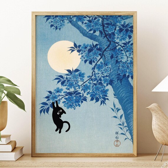 Ohara Koson Moonlit Cherry Blossom Black Cat Cute Japanese Art Poster