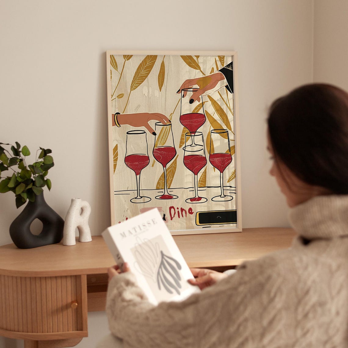 Wine and Dine Toast Hands Red Wine Glasses Hand Drawn Art Poster - Image 2