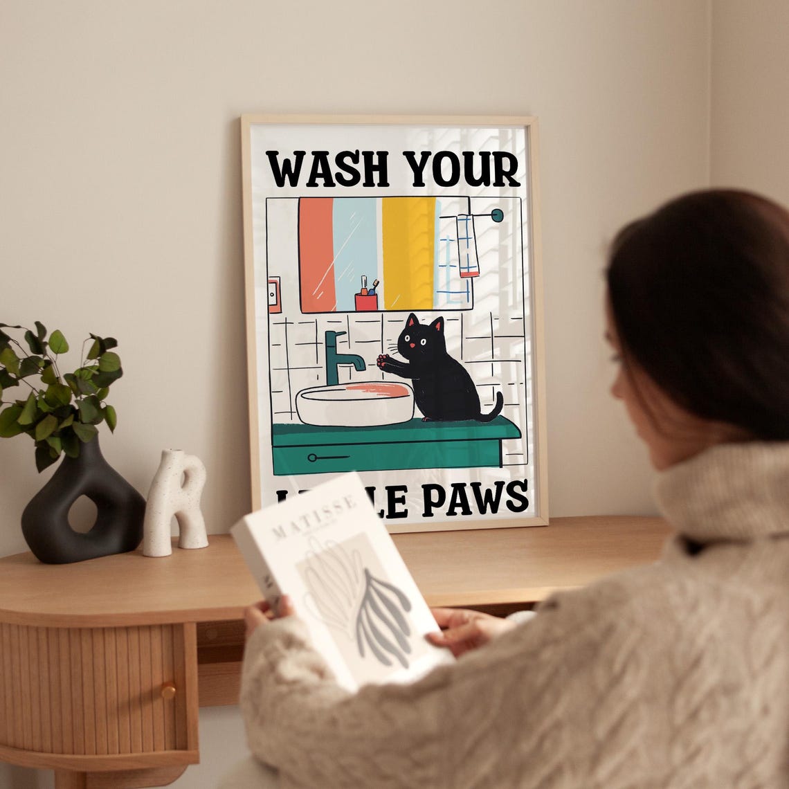 Wash Your Little Paws Funny Black Cat Retro Bathroom Art Poster - Image 3