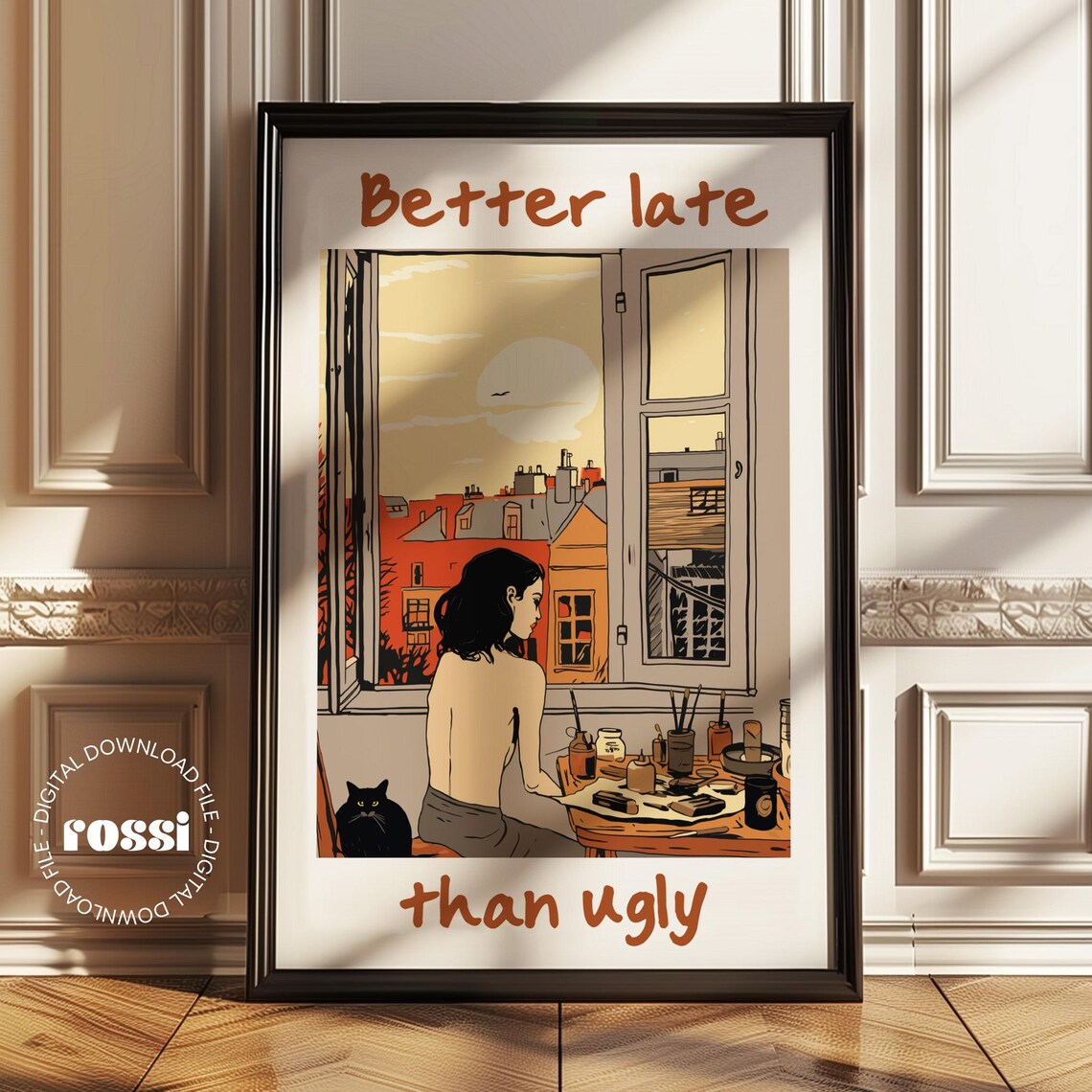 Better Late Than Ugly Illustrated Girl At Window Sunset Art Poster - Image 2