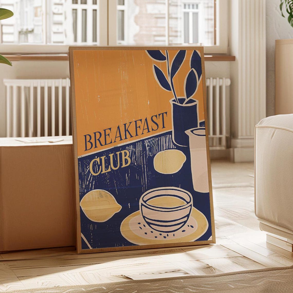 Breakfast Club Retro Orange Navy Kitchen Still Life Art Poster