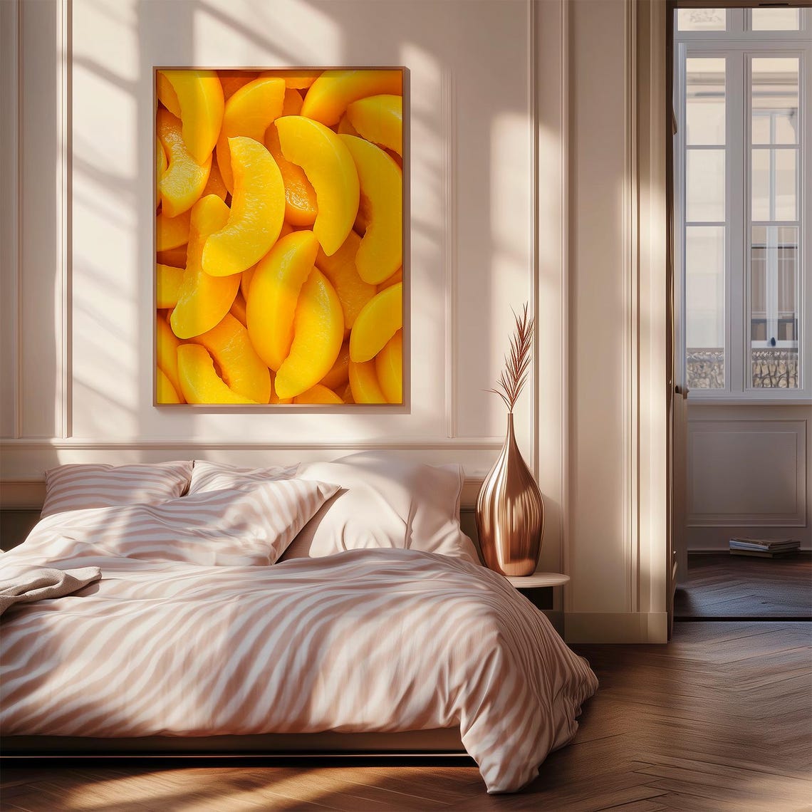 Peach Slices Photography Golden Fruit Close Up Kitchen Poster