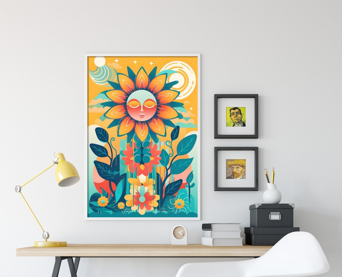Smiling Sun Flower Face Boho Floral Garden Illustration Poster - Image 4