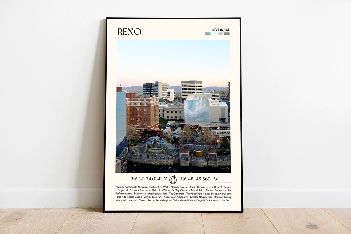 Reno Nevada USA Downtown Skyline Minimalist Photo Travel Poster
