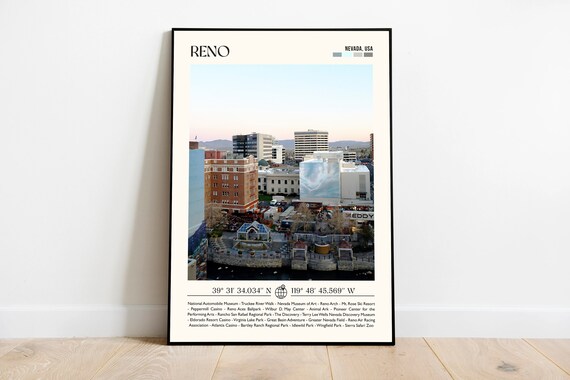 Reno Nevada USA Downtown Skyline Minimalist Photo Travel Poster
