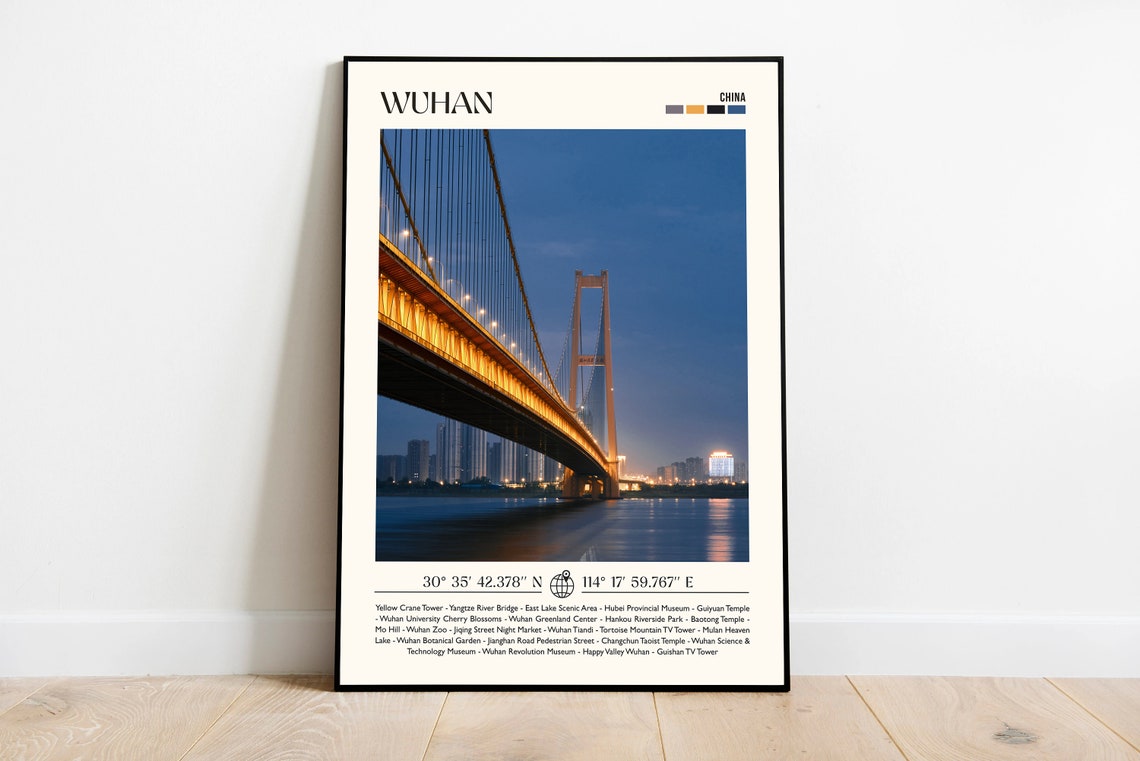 Wuhan China Yangtze River Bridge Dusk Coordinates Travel Poster